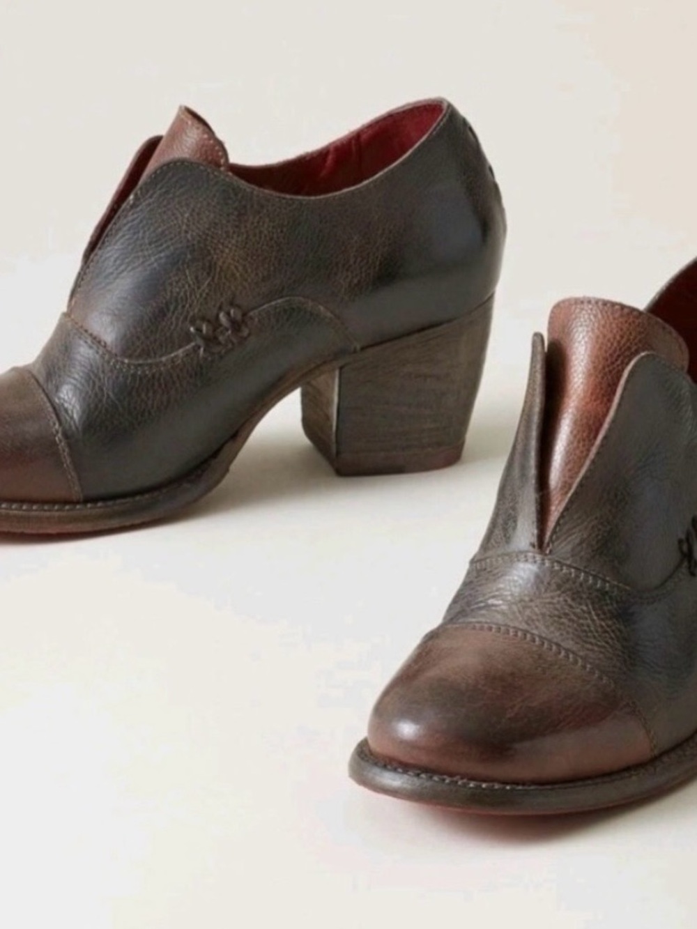 Bed Stu Two-Tone Brown Leather Block-Heel Shoes